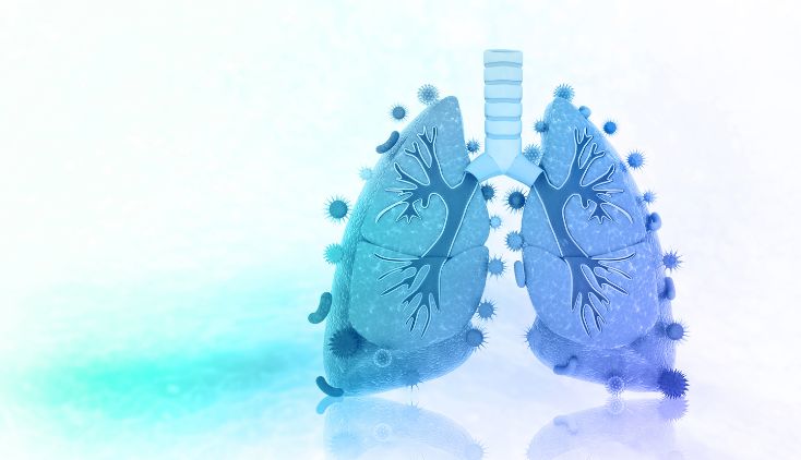 A digital drawing of blue lungs covered in germs.