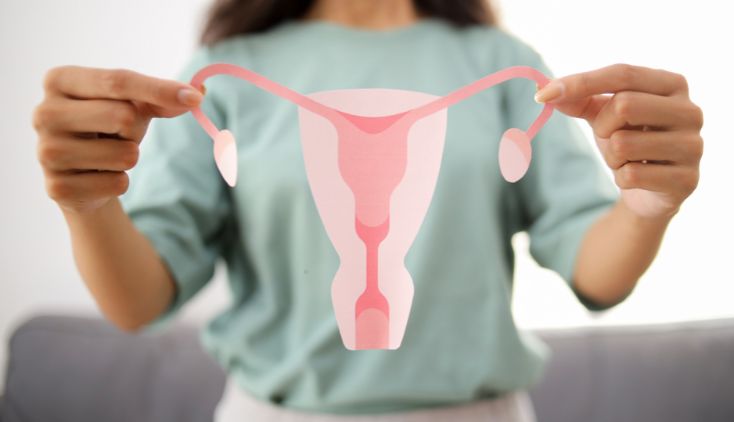 A woman holding up a paper diagram of female reproductive organs.